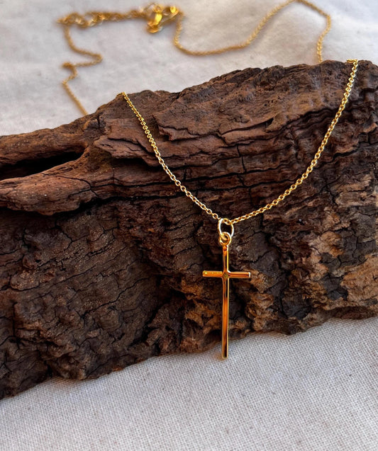 Sleek Sterling Silver Necklace with 18K Gold Cross Pendant
