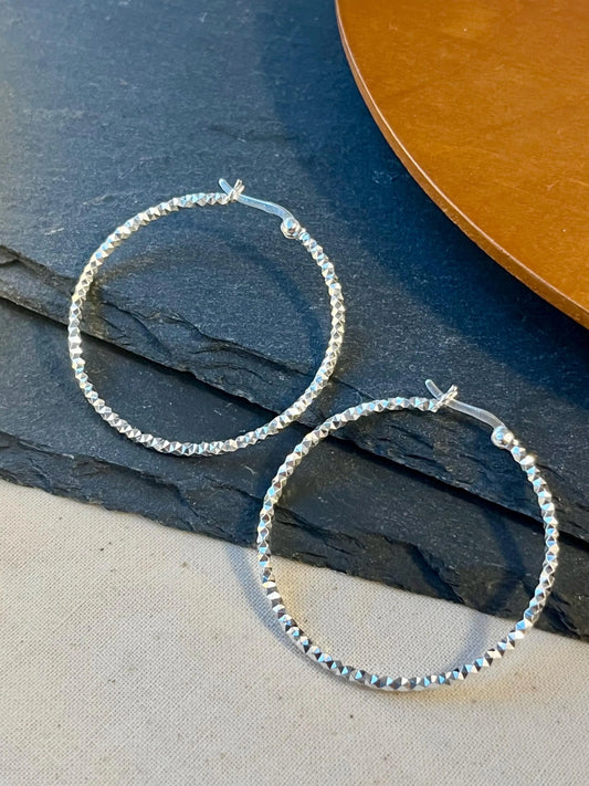 Stylish Silver Round Wire Earrings | Diamond Pattern Cut with Silver-Plated Finish l Minimalist earrings - Everyday earrings
