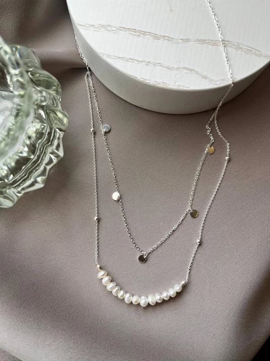 Freshwater Pearl & Silver Pendant Necklace – Two-Layer Design